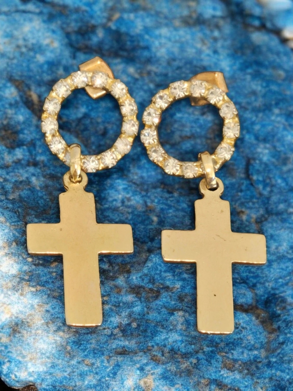 Vintage Gold-Tone Cross Drop Earrings Rhinestone Circle